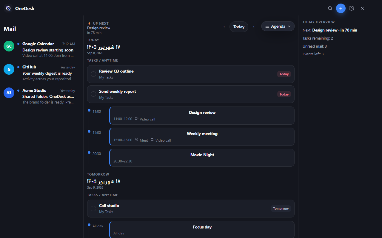 OneDesk full view with mail, unified agenda, and today overview